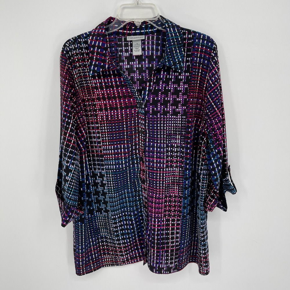Catherines Women's Multicolor Geometric Abstract Print Button Up Shirt Size 1X